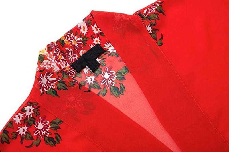 olrain Women's Floral Print Sheer Chiffon 3/4 Bat Sleeve Casual Loose Kimono Cardigan Capes (X-Large, Red) - Image 5